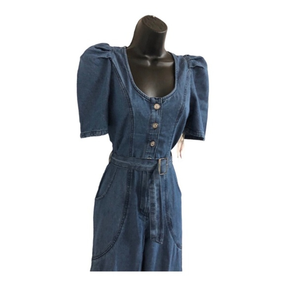 Jessica Simpson blue jeans denim puff sleeve adjustable hem jumpsuit size XS new - Picture 7 of 16